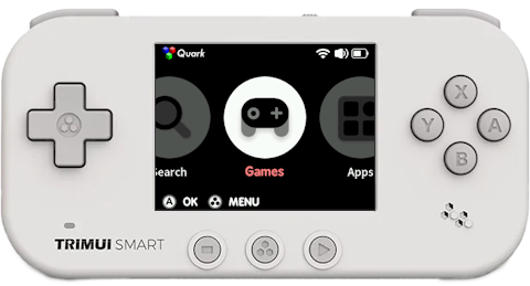 A white TRIMUI Smart with the Quark default boot logo
